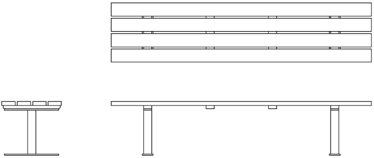 Open end benches with wide slats for seating surface.