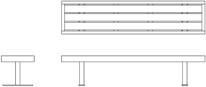 Open end benches with very wide slats for seating surface, trimmed with wood edging.