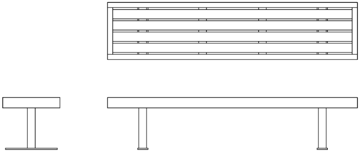 Open end benches with wide slats for seating surface, trimmed with wood edging.