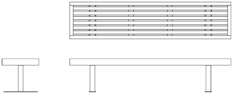 Open end benches with narrow slats for seating surface, trimmed with wood edging.