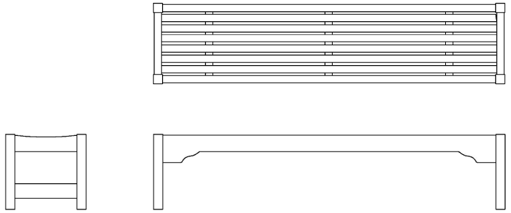 Open end benches with narrow slats for indented seating surface, trimmed with decorative wood edging.