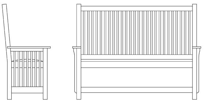 Hardwood benches with low arms and high picketed backs.